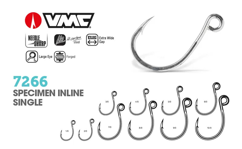 VMC 7266 Specimen Heavy Duty Inline Large Eye Single Lure Hook #2