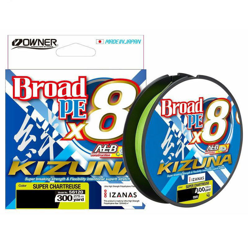 Owner Kizuna x8 Broad PE 300yds Super Chartreuse Braid Fishing Line #20lb